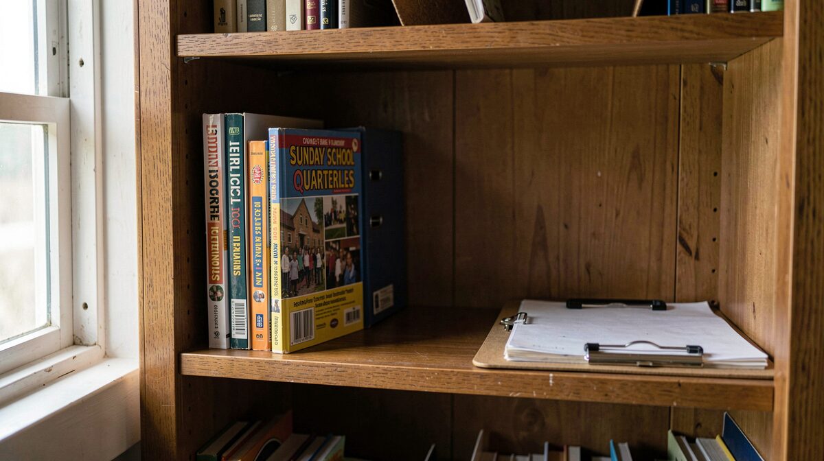 A wooden shelf in a church closet holding Sunday school quarterlies, a three-ring binder, and a clipboard, lit by a single window on the left, shot straight on at shelf height.