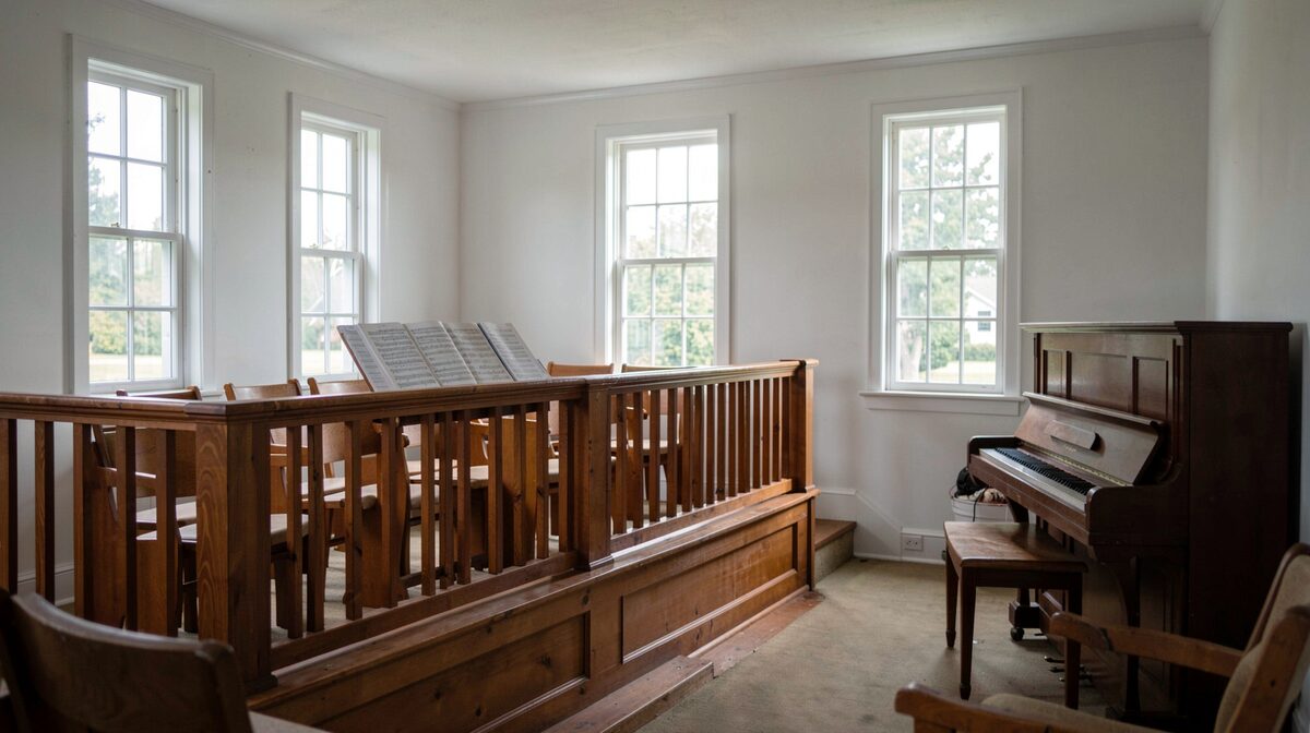 A wooden choir loft in a small white meetinghouse, late morning light through clear windows, hymnals open on the rail, a piano at the side, no people in frame.