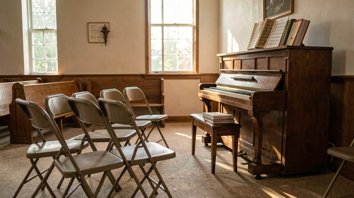 A semicircle of folding chairs and a slightly out of tune upright piano in a Sunday school room, afternoon light through a tall window, hymnals stacked on the bench.
