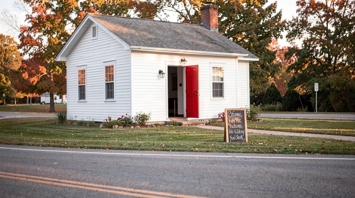 A small white meetinghouse with an open red door on a Sunday morning, a hand-lettered sign board on the lawn, low autumn light from the left, wide shot from the road.
